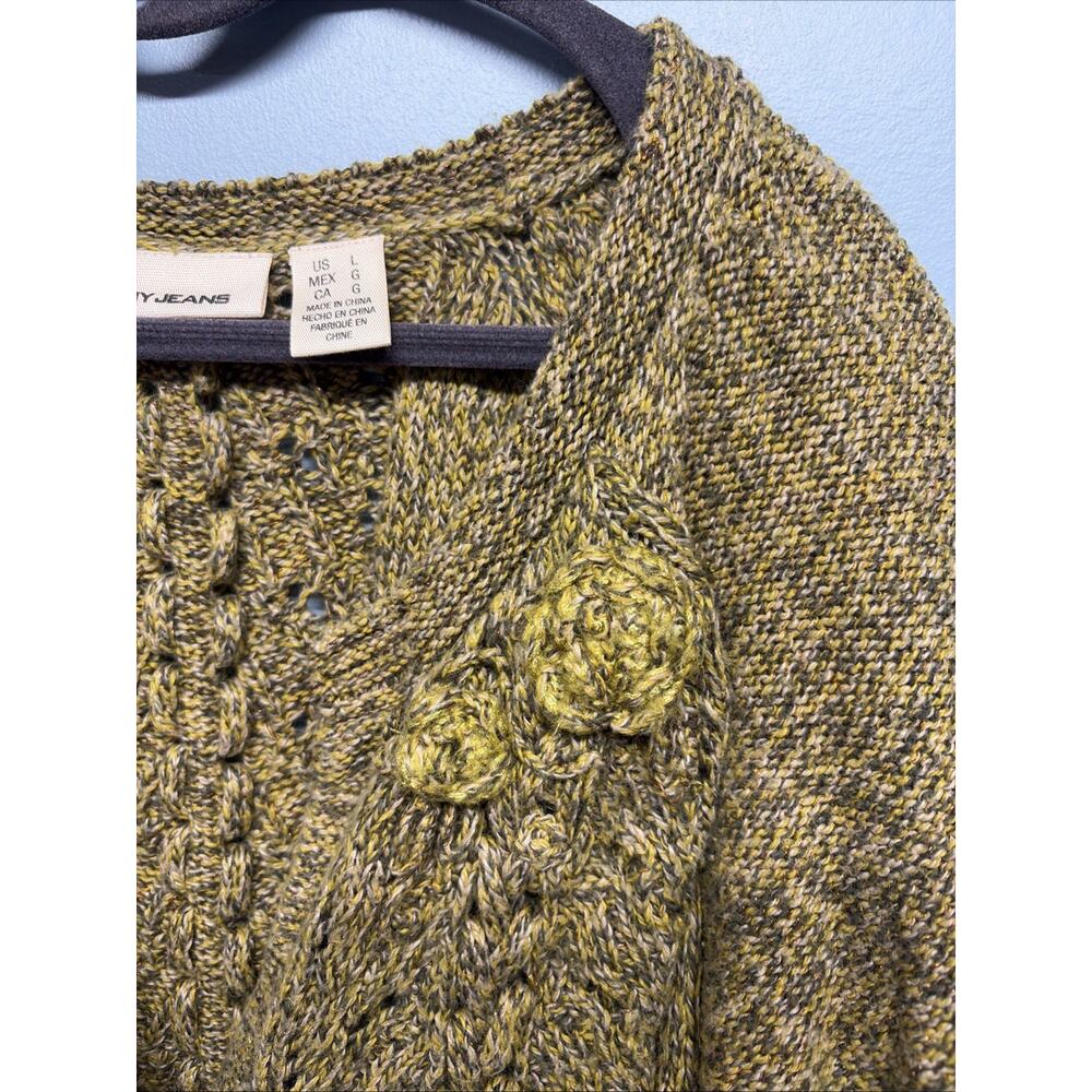 DKNY Green/Yellow/Metallic Cable-knit 2 Button Cardigan - Size Large - Flower - Picture 3 of 8